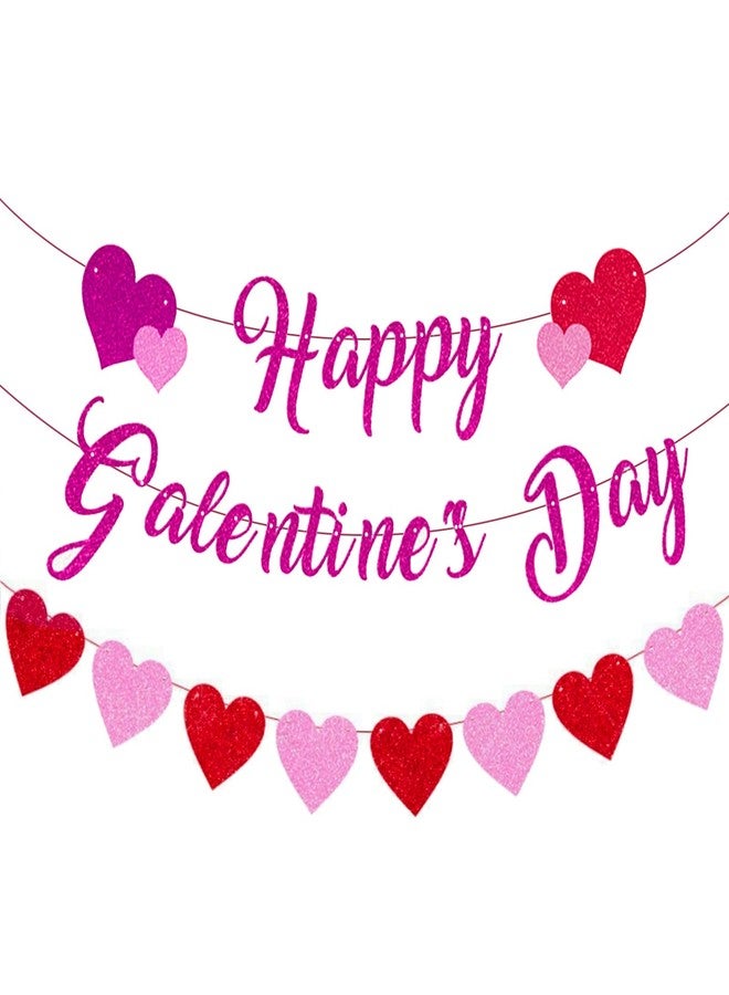 Lecheme Happy Galentine's Day Banner Red Pink Glitter Galentines Heart Banner for Girl Day Heart Sign for Galentines Party Decorations - Image 1
